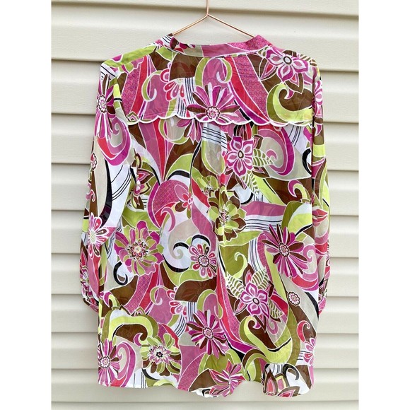 V Christina Women Sheer Long Sleeved Blouse Top Floral Rhinestone 70s size Large - Picture 3 of 10